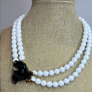 Kenneth Jay Lane White Beaded Necklace with Black Floral Accent
